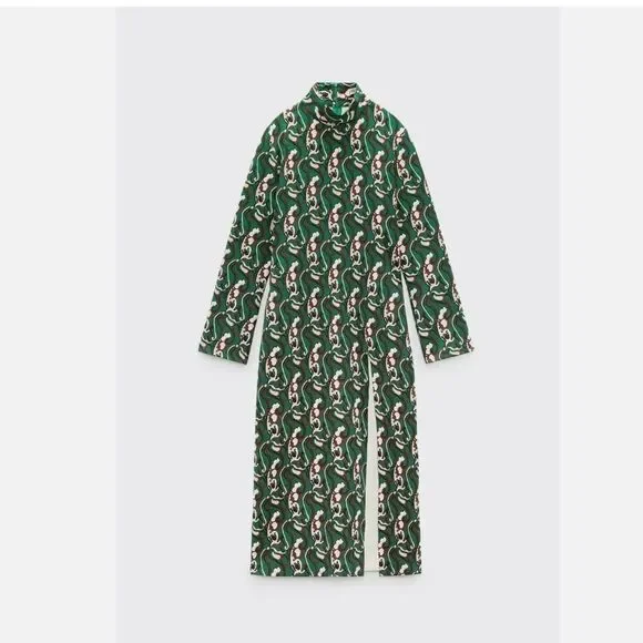 NWT Blogger Fav ZARA Retro PRINTED MIDI DRESS GREEN Sz M - Picture 7 of 12